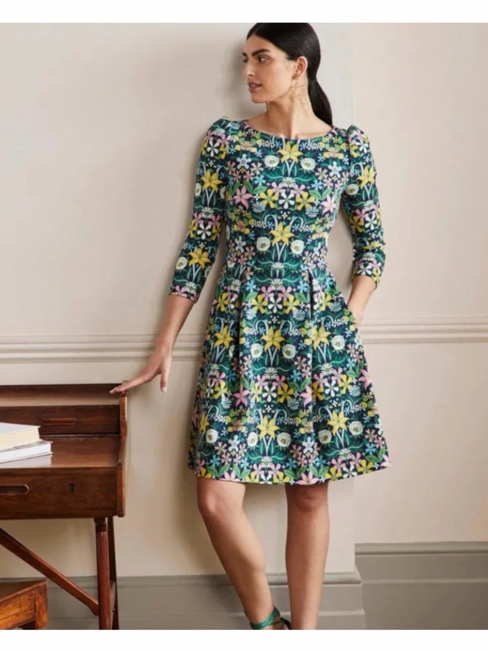 French Navy Botanical Fit-and-Flare Dress by Boden